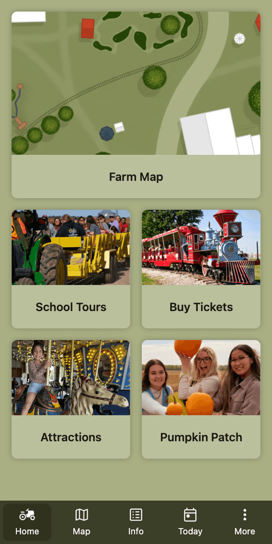 The app home screen, with a Farm Map card above photo tiles for school tours, tickets, attractions and the pumpkin patch.