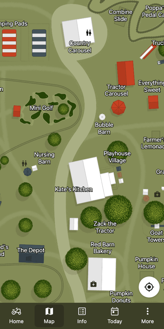 The illustrated farm map, with the mini golf, carousels, Red Barn Bakery, Goat Towers and Playhouse Village all named in place, and a Share Location button.