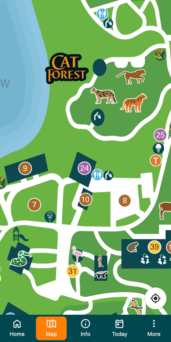 The illustrated zoo map, with numbered pins over each exhibit and a Share Location button.