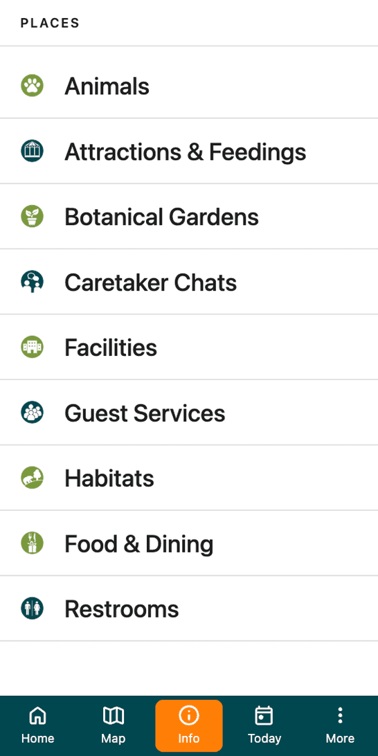 The Places list — animals, attractions and feedings, botanical gardens, caretaker chats, facilities, guest services, habitats, food and retail, and restrooms.