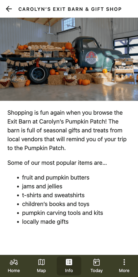 Carolyn's Exit Barn & Gift Shop entry — a photograph of pumpkins stacked around a vintage truck, above a description and a list of what the barn sells.