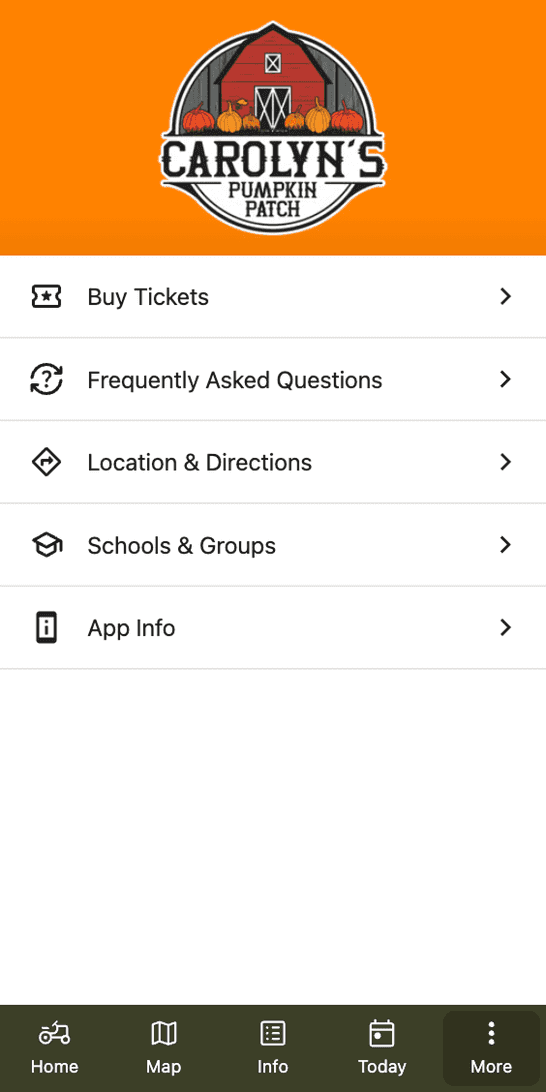 The menu under Carolyn's barn mark: buy tickets, frequently asked questions, location and directions, schools and groups, and app info.