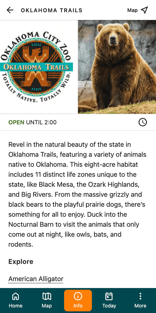 The Oklahoma Trails exhibit page, with a photograph of a grizzly bear, a CLOSED status, a description of the habitat, and a list of the animals to find there.