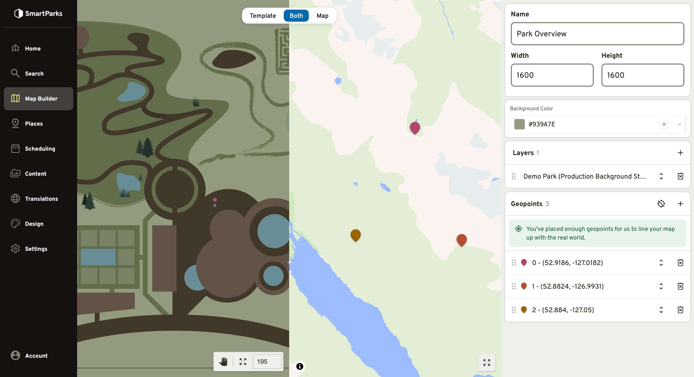 The Map Builder editor showing a custom-illustrated park map beside the real-world geography it is aligned to, with the placed geopoints listed in the panel alongside.