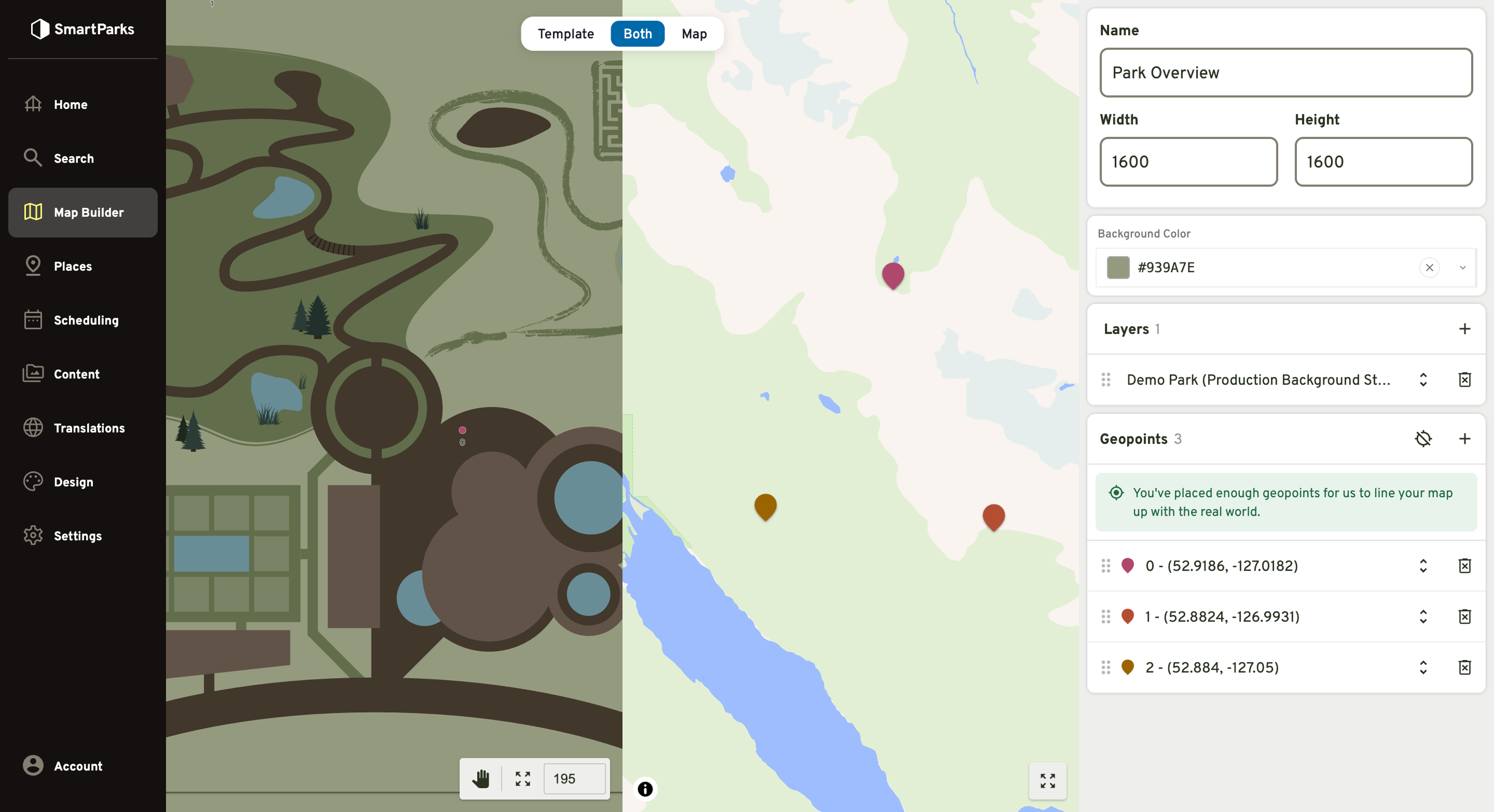 The Map Builder editor showing a custom-illustrated park map beside the real-world geography it is aligned to, with the placed geopoints listed in the panel alongside.