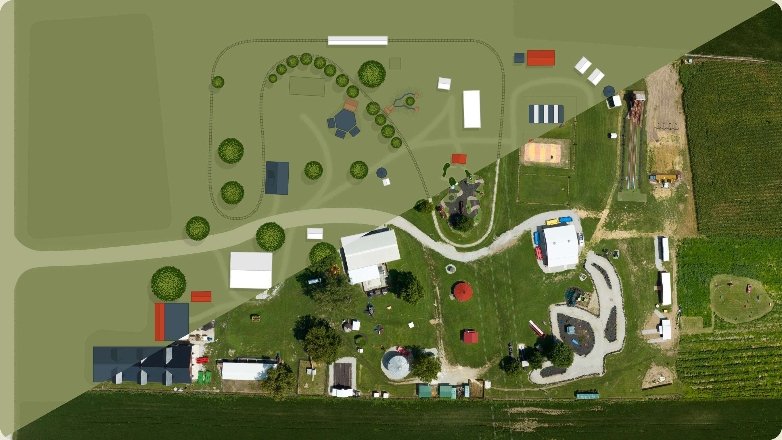 The illustrated farm map on the left giving way, along a diagonal, to the aerial photograph of the same fields and buildings it was drawn from.