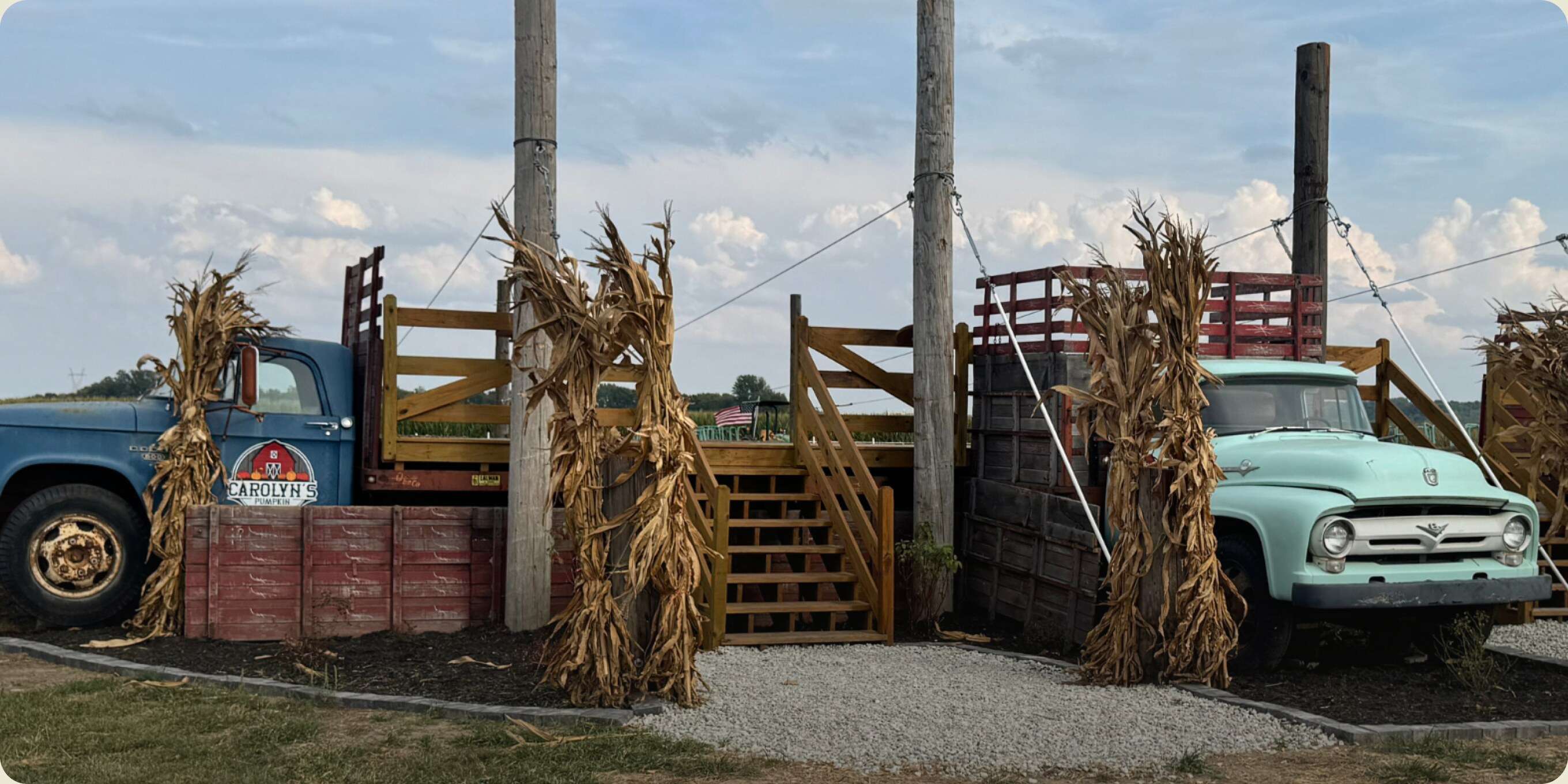 Two vintage farm trucks parked either side of the entrance at Carolyn's Pumpkin Patch, loaded with crates and flanked by corn shocks.