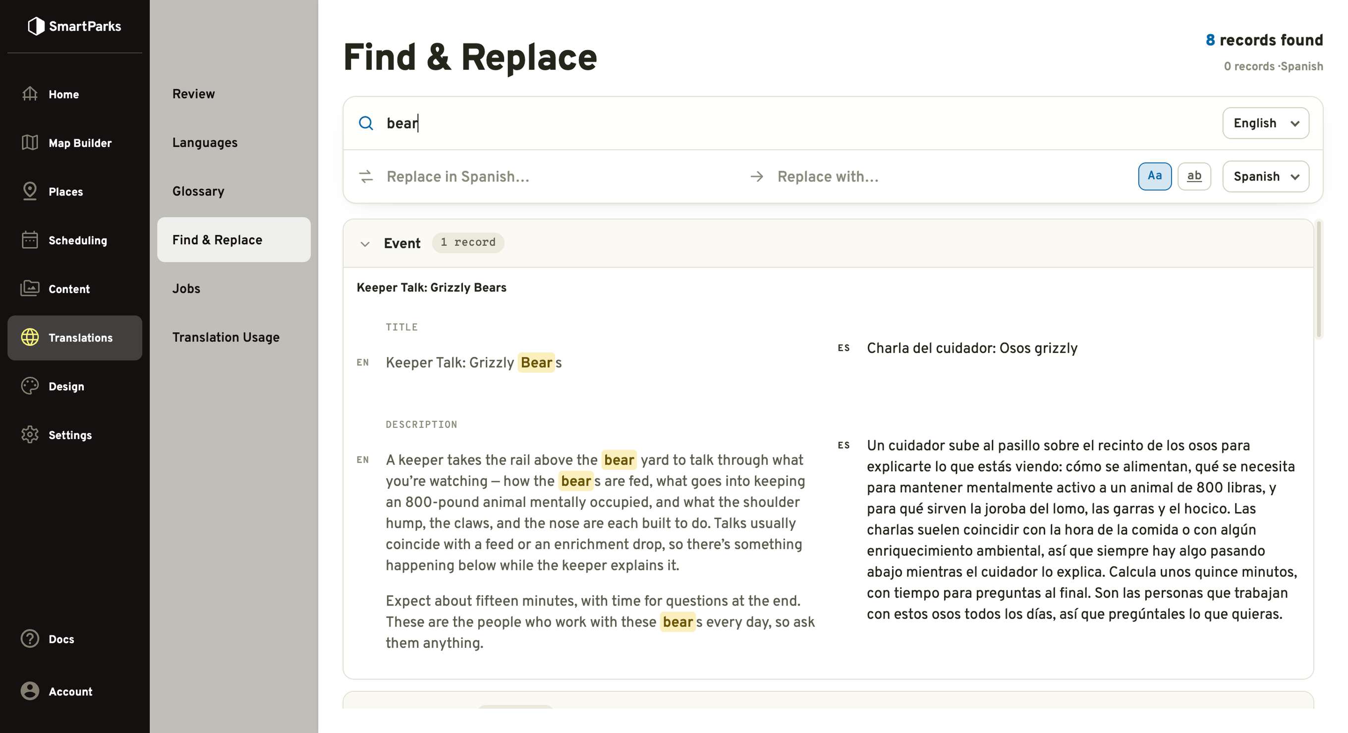 Find & Replace searching for “bear” across eight records, with the English matches highlighted in a Grizzly Bears keeper talk beside the Spanish translation it will be replaced in.