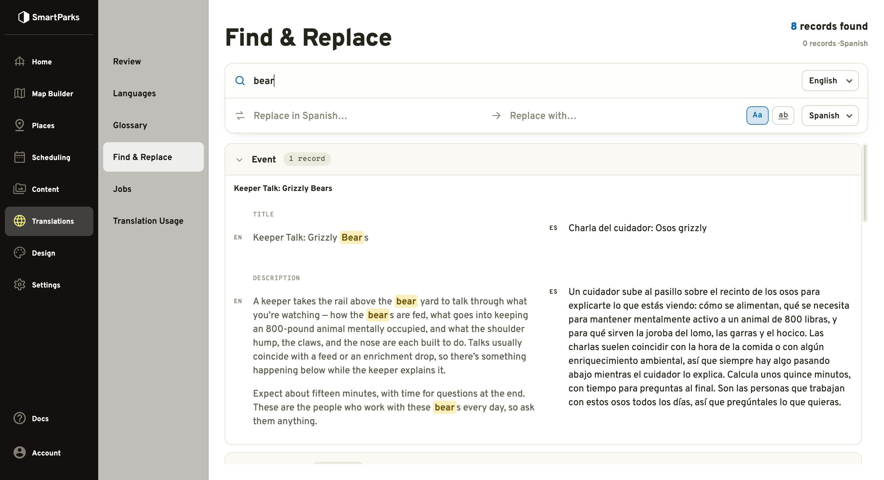 Find & Replace searching for “bear” across eight records, with the English matches highlighted in a Grizzly Bears keeper talk beside the Spanish translation it will be replaced in.