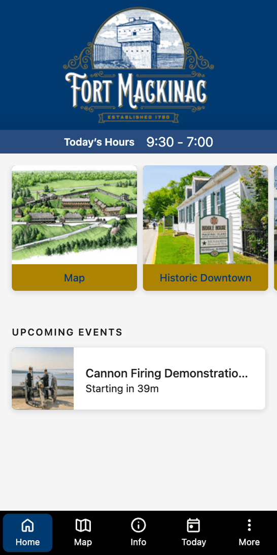 The Fort Mackinac app's home screen, with today's hours, cards for the map and Historic Downtown, and a Changing of the Guard program starting in a minute.