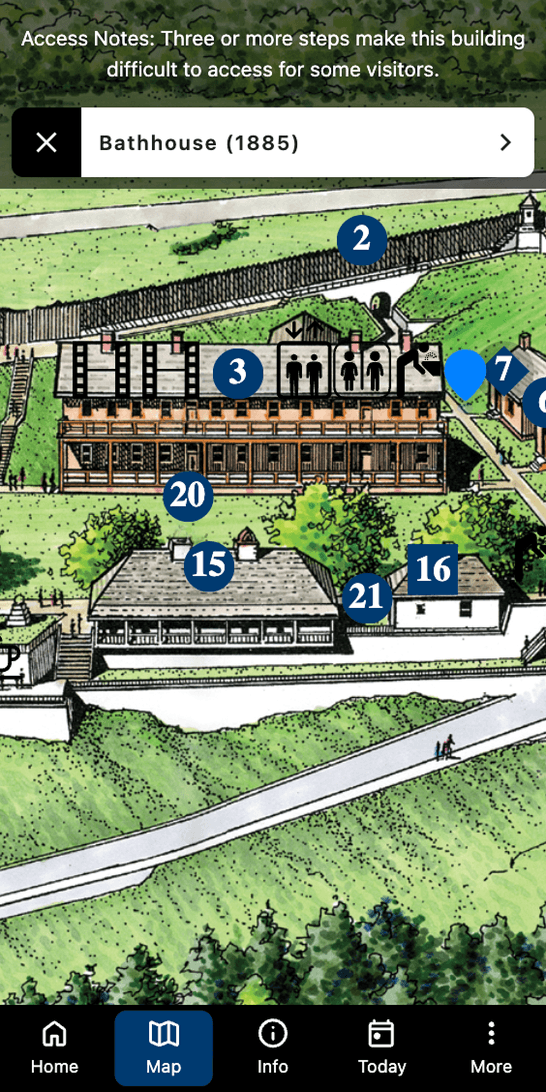 The illustrated fort map with numbered pins over each building, and a tapped pin opening the Bathhouse (1885) with a note about step access.