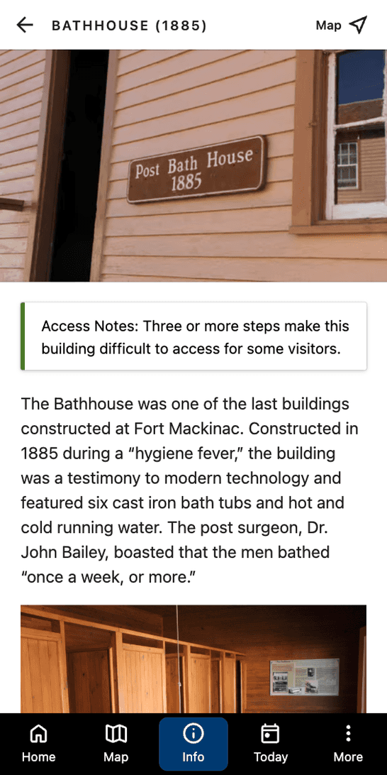 The Bathhouse (1885) entry — a photograph of the building sign above its history, from the 1885 "hygiene fever" to the post surgeon's bathing advice.