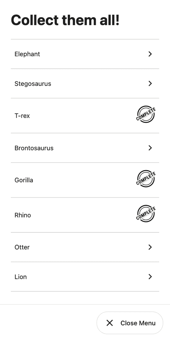 The "Collect them all!" checklist, with a COMPLETE stamp beside the rhino, gorilla, brontosaurus and stegosaurus and the rest still to find.