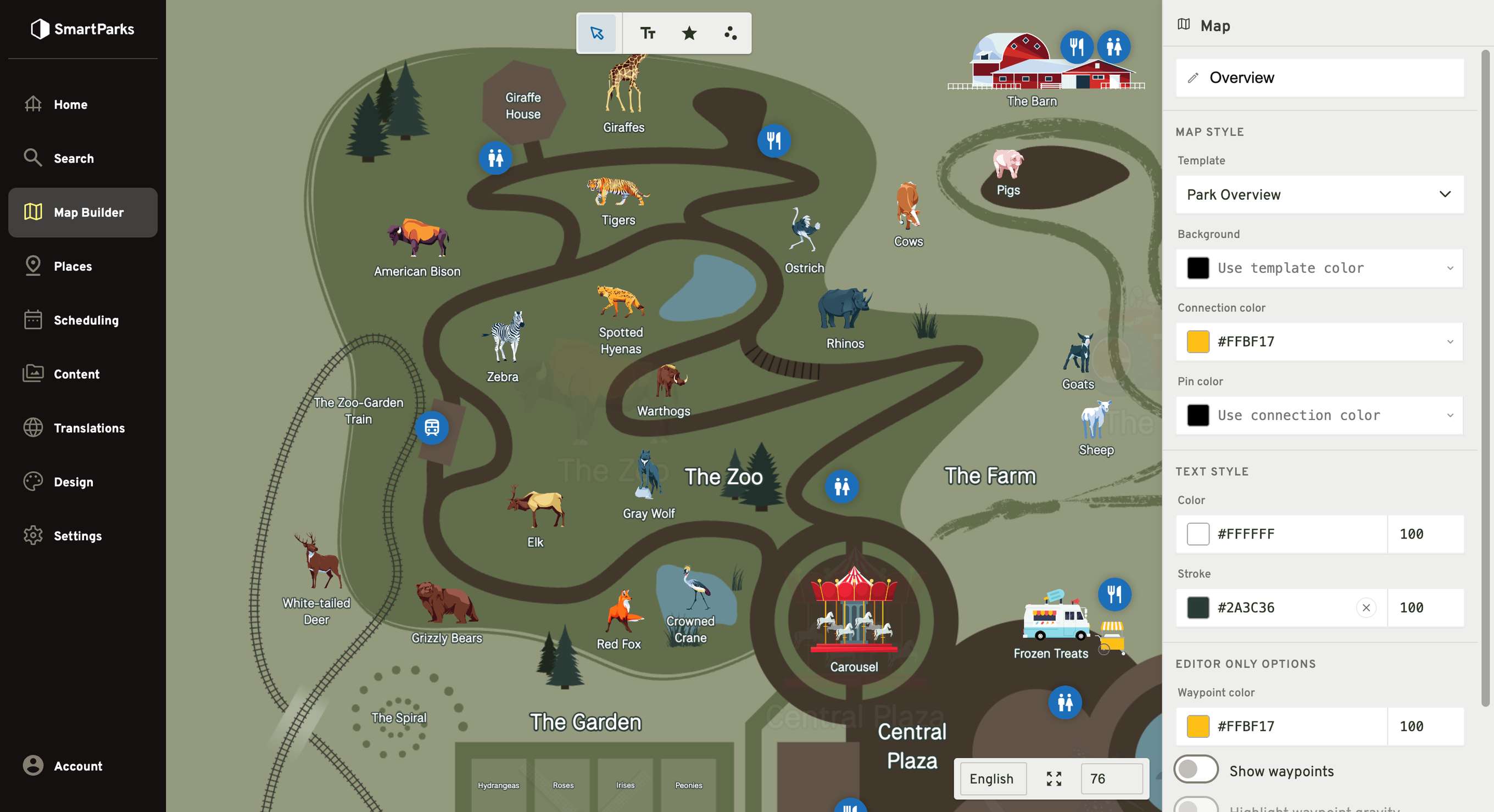 A fully labelled park map in the Map Builder — animal exhibits, pathways and amenity pins — beside a panel of editable map and text styles including connection colour, pin colour and label stroke.