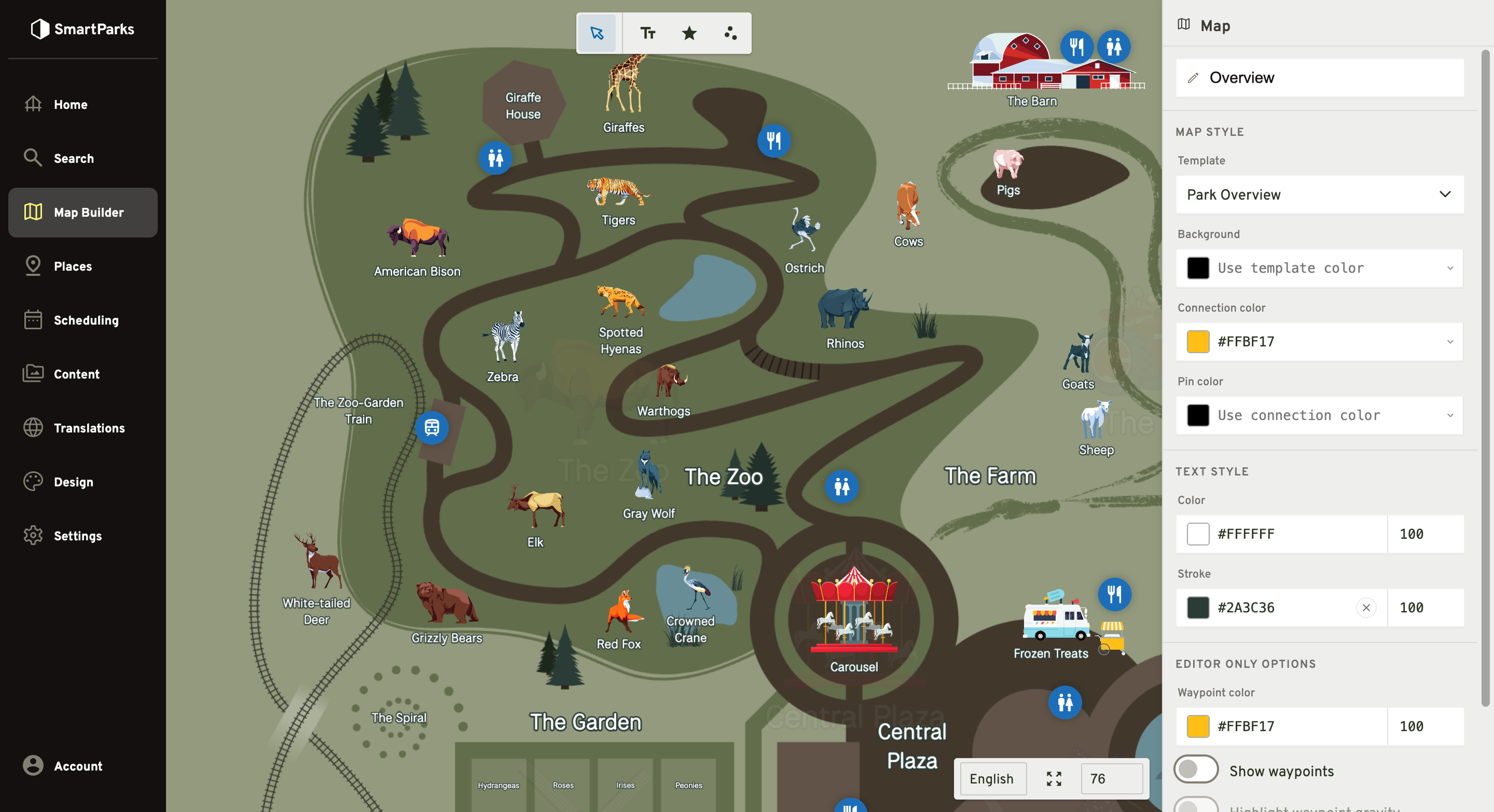 A fully labelled park map in the Map Builder — animal exhibits, pathways and amenity pins — beside a panel of editable map and text styles including connection colour, pin colour and label stroke.