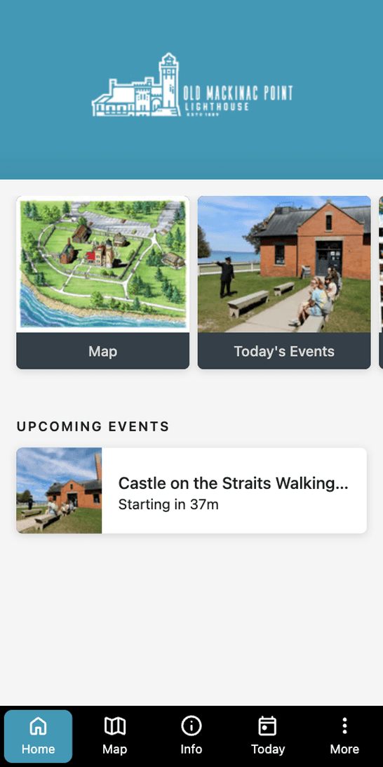 The Old Mackinac Point Lighthouse home screen, with map and Today's Events cards and a Castle on the Straits walking tour starting in 56 minutes.