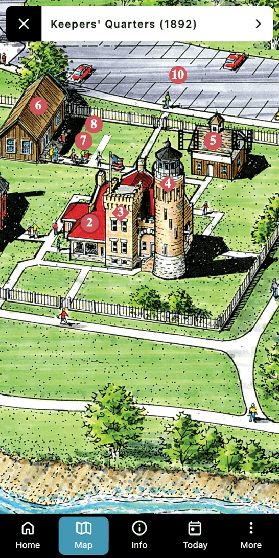 The illustrated lighthouse grounds map, with the Keepers’ Quarters (1892) named at the top and numbered pins across the site.