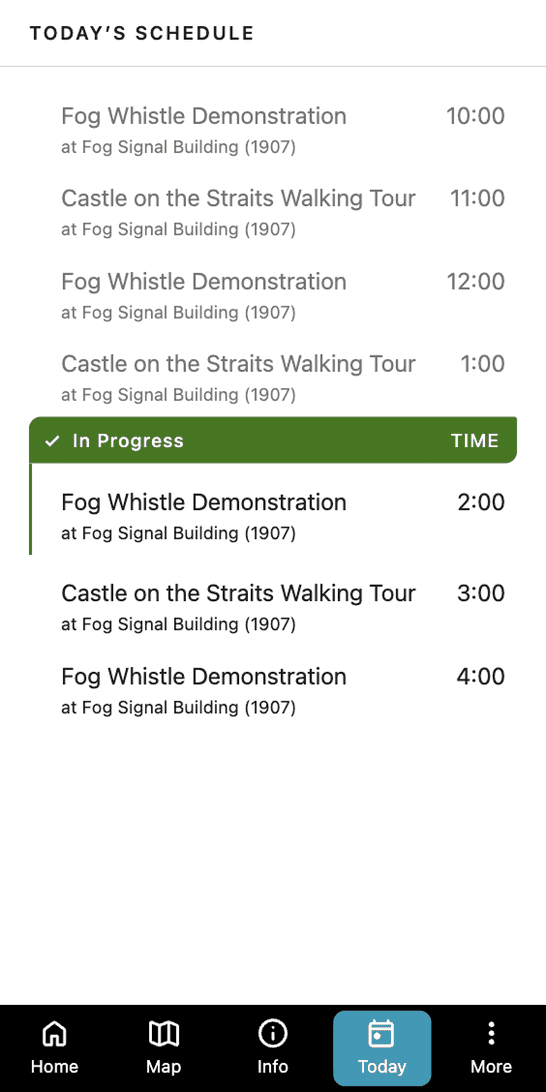 Today's Schedule, alternating fog whistle demonstrations and walking tours hour by hour, with the noon demonstration marked In Progress.