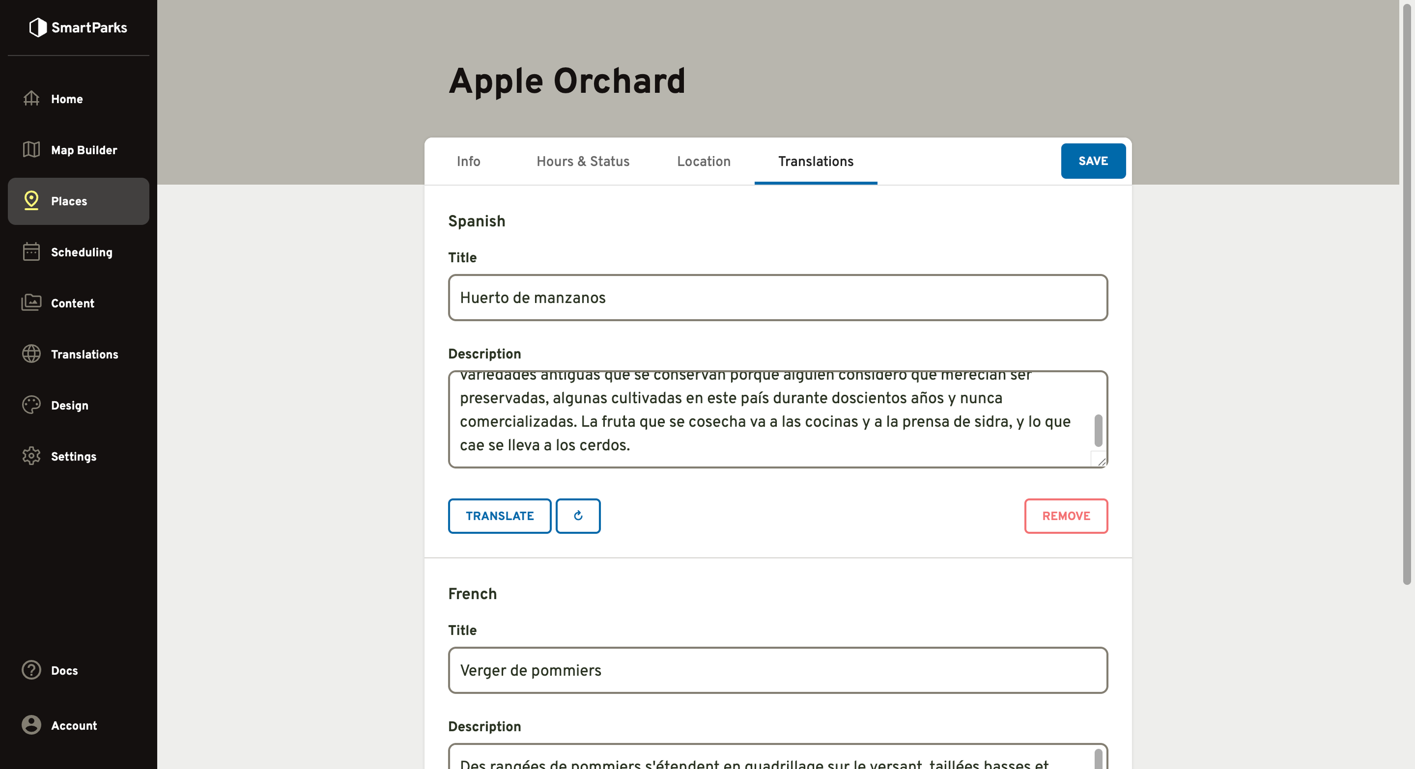 The Translations tab of the Apple Orchard place record, showing the Spanish and French title and description side by side with controls to retranslate a single field or remove that language.