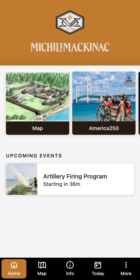 The Colonial Michilimackinac home screen, with map and America250 cards and a musket firing demonstration starting in 23 minutes.