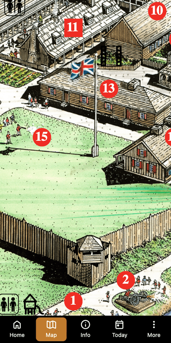 The illustrated fort map, numbered pins over the palisade, parade ground and rowhouses, with the British flag flying at the center.