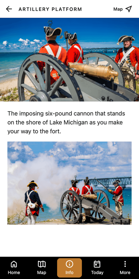 The Artillery Platform entry, describing the six-pound cannon on the shore of Lake Michigan, with photographs of interpreters in period uniform firing it.