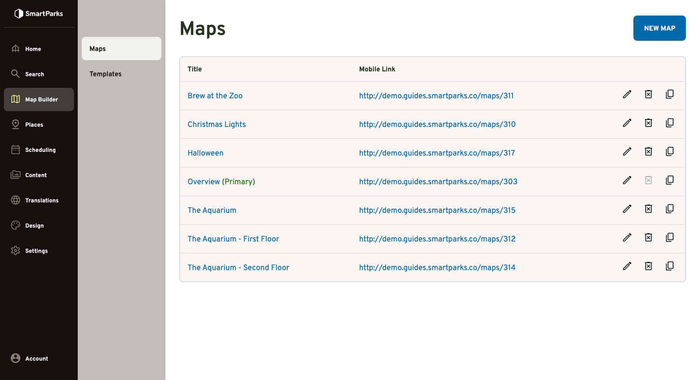 The Maps list in the Map Builder, with separate maps for a park overview, seasonal events like Halloween and Christmas Lights, and individual aquarium floors, each with its own mobile link.