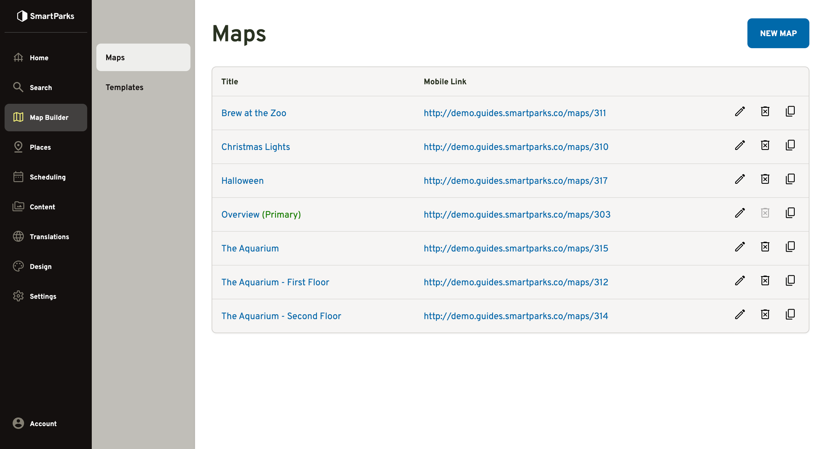 The Maps list in the Map Builder, with separate maps for a park overview, seasonal events like Halloween and Christmas Lights, and individual aquarium floors, each with its own mobile link.