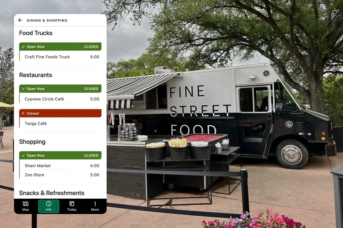 Screenshot of mobile application showing list of places within dining & shopping category.